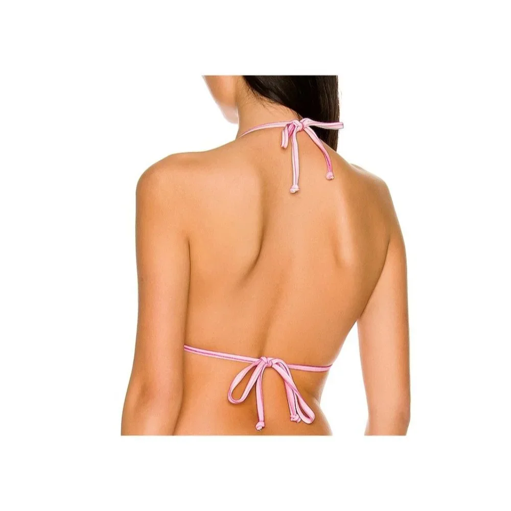 Frankies Bikinis Tia Velvet Bikini Top Halter Tie Back Solar Stripe Pink XXL
